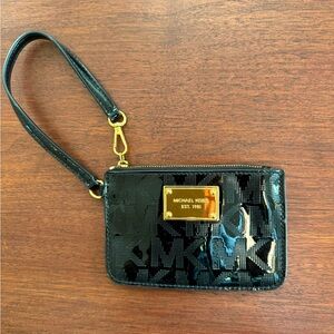Michael Kors Women Signature Black Patent Leather & Gold Small Wristlet Wallet